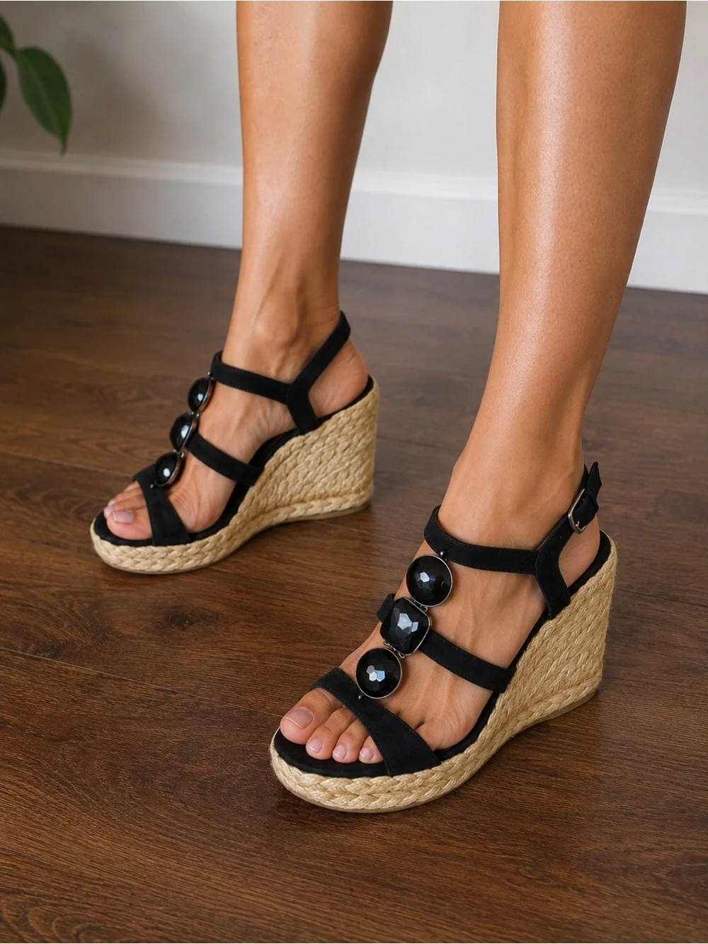 STUART WEITZMAN Black Espadrille Strappy Sandals / Wedges Embellished Size 8.5